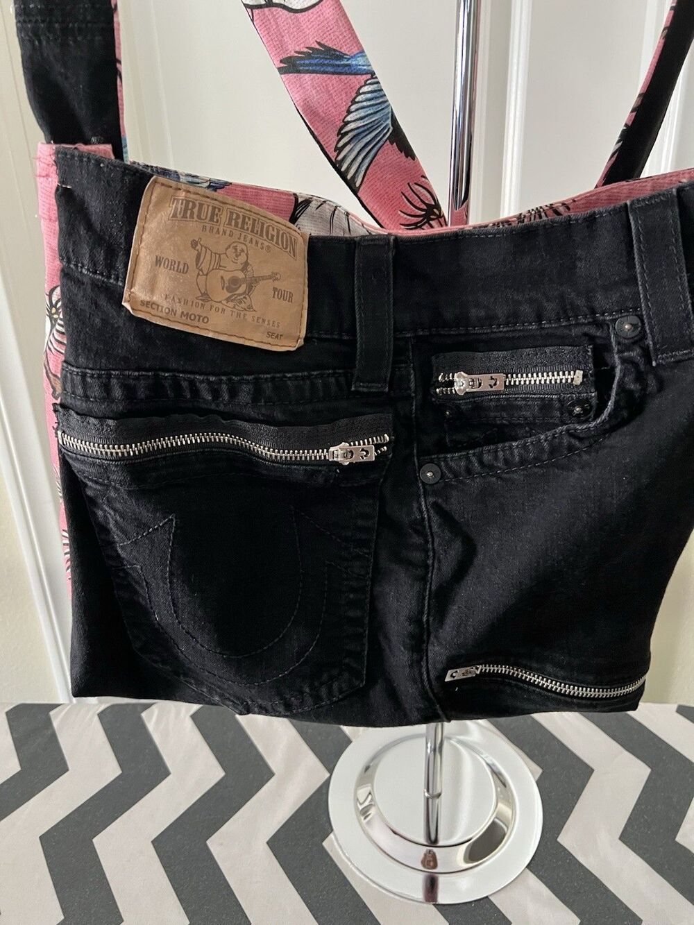 Upcycled True Religion Black denim crossbody bag, with bird, floral pink print